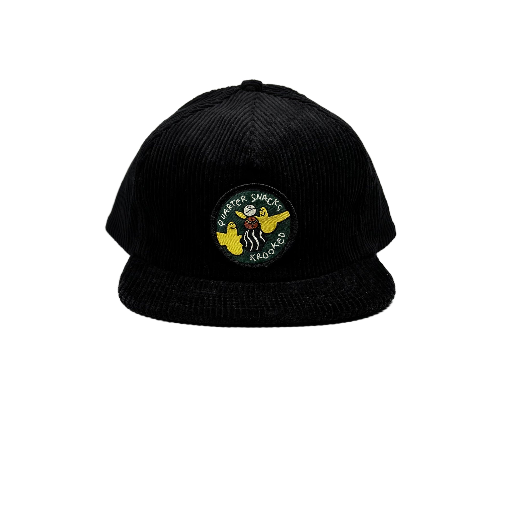 Black cap with a circular logo featuring a character and text on a white background