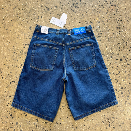 back view of denim shorts with 2 pockets