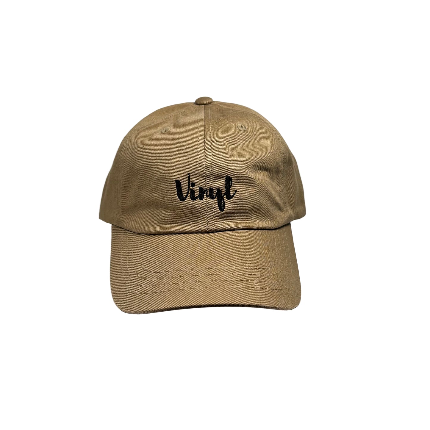 Beige cap with 'Vinyl' text on a white background