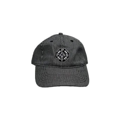 Black and white striped cap with a logo on a white background