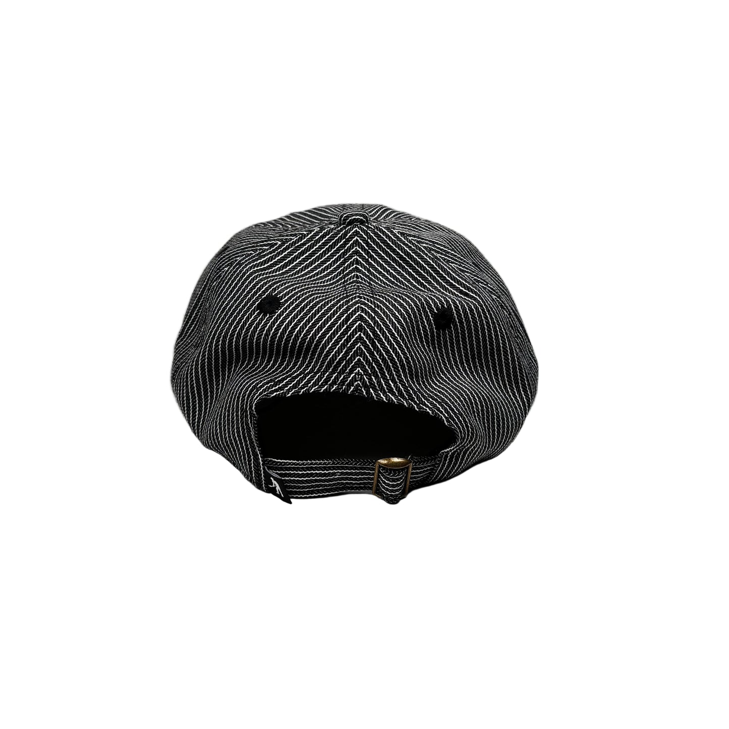 Black and white checkered cap on a white pedestal against a gray background