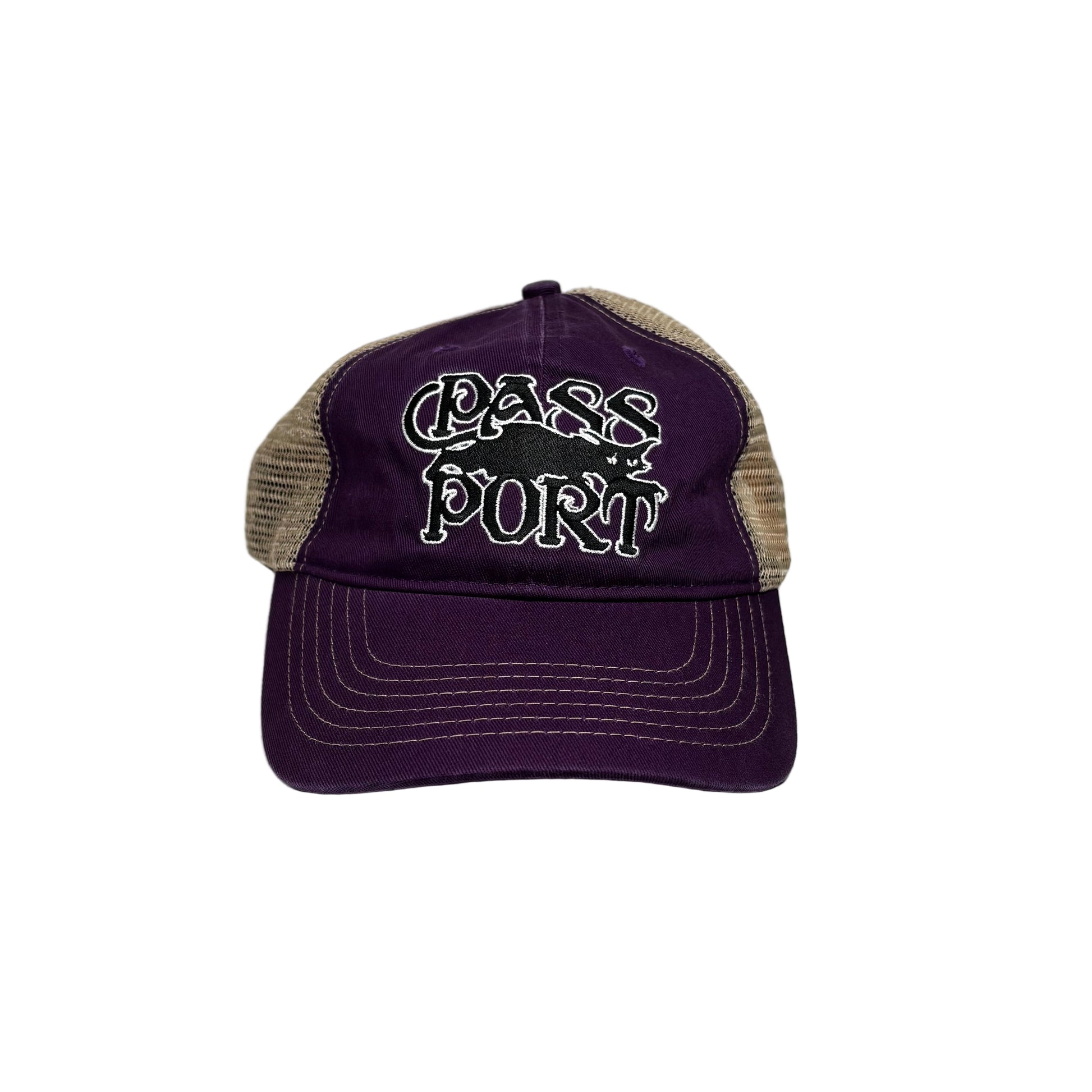 Purple and beige cap with text on a white background