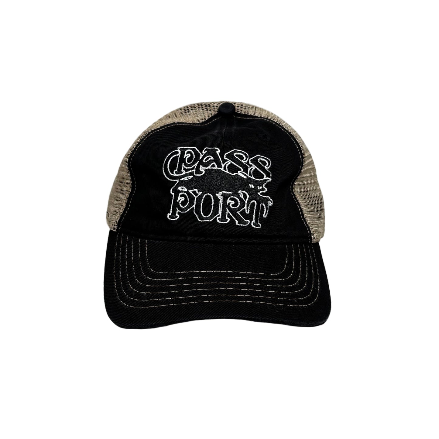 Black cap with white text on a white background