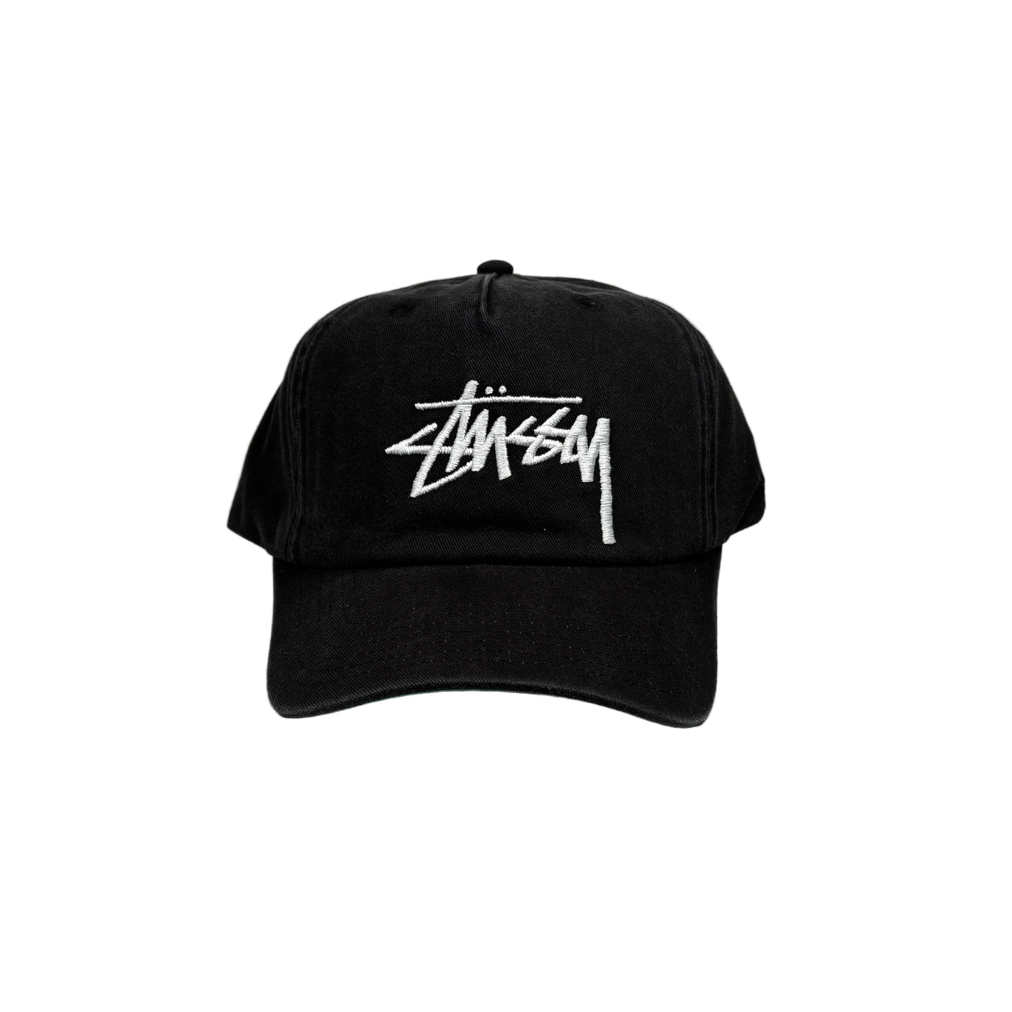 Black cap with white stussy logo on a white background