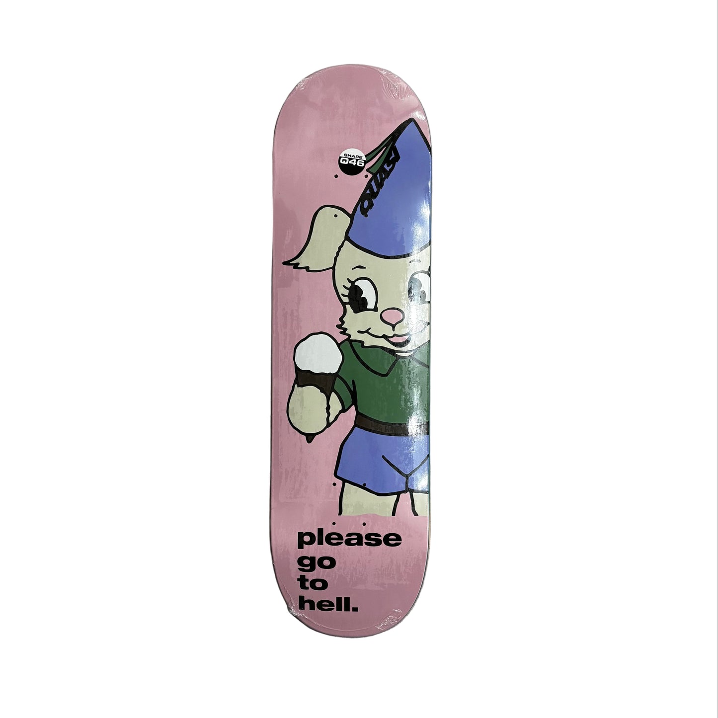 Skateboard deck with a cartoon character and text on a white surface