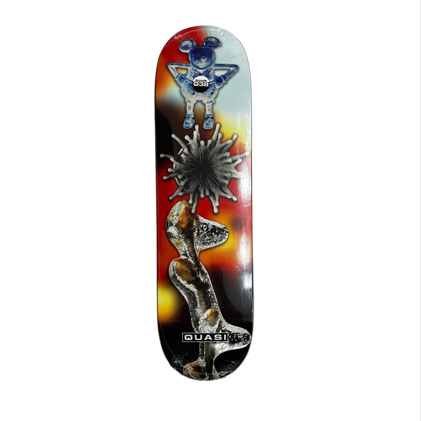Skateboard deck with artistic design on a white surface