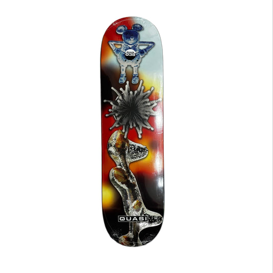 Skateboard deck with artistic design on a white surface