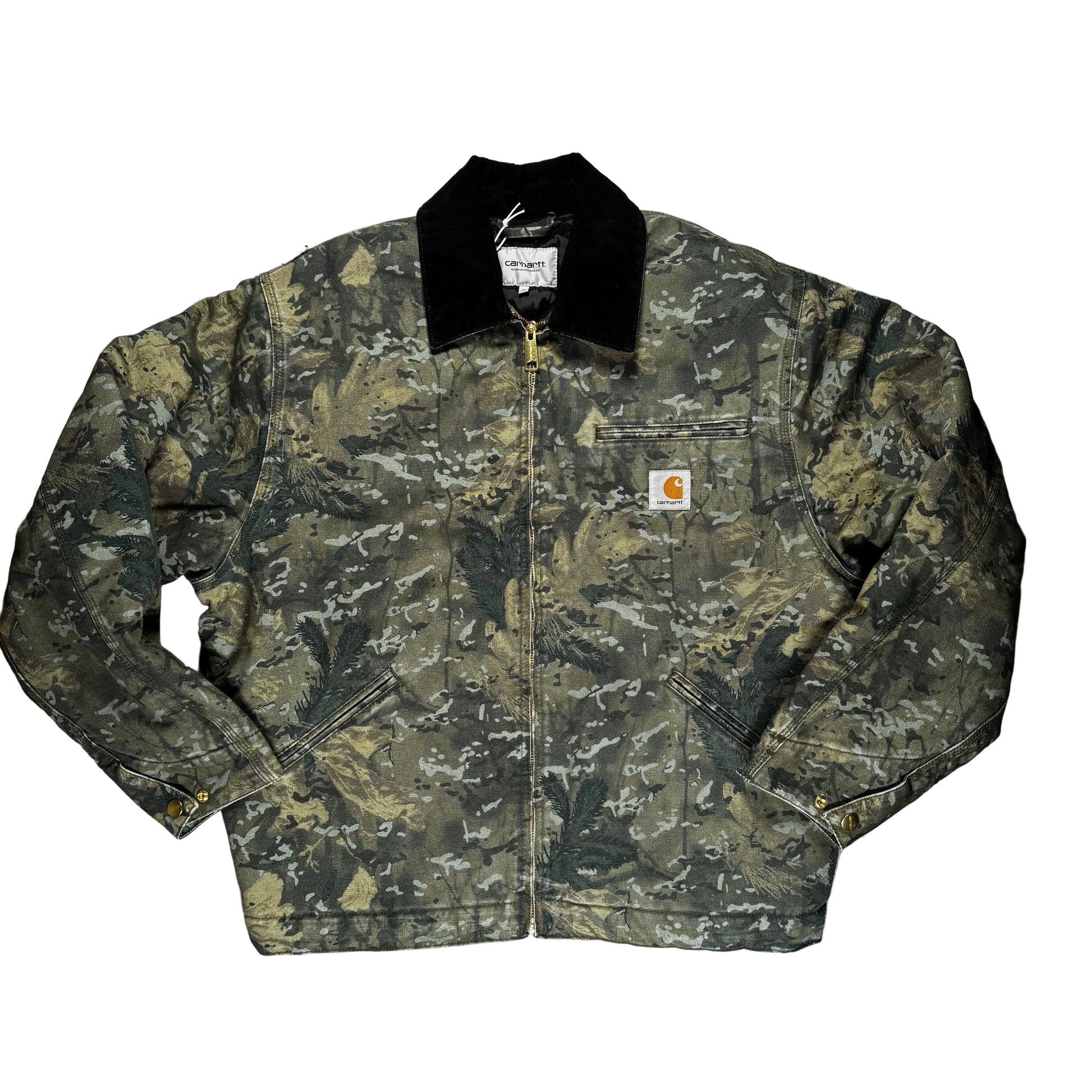 Camouflage jacket with a carhartt logo on a white background