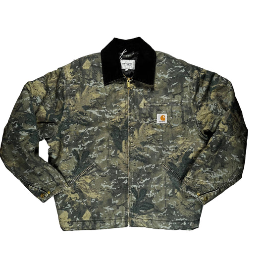 Camouflage jacket with a carhartt logo on a white background