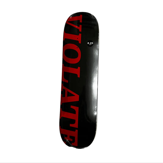 Black skateboard deck with red 'VIOLATE' text on a white surface