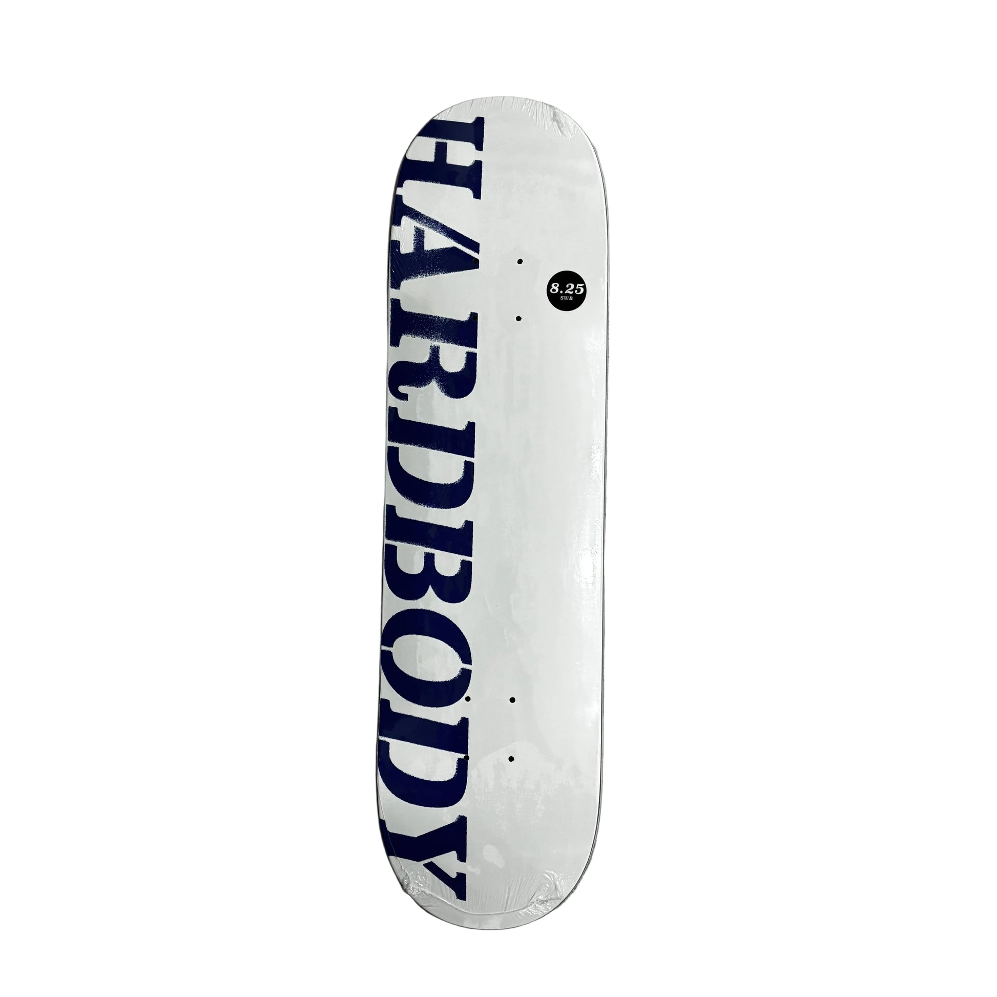 white Skateboard deck with 'HARDBODY' branding on a white surface