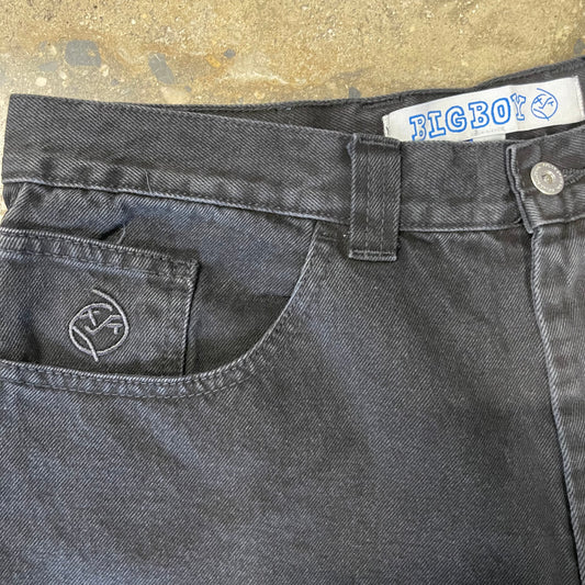 closeup of front pocket, belt loop, and stitch logo