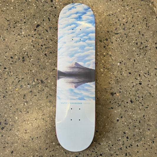 white skateboard with picture of mount fuji and clouds