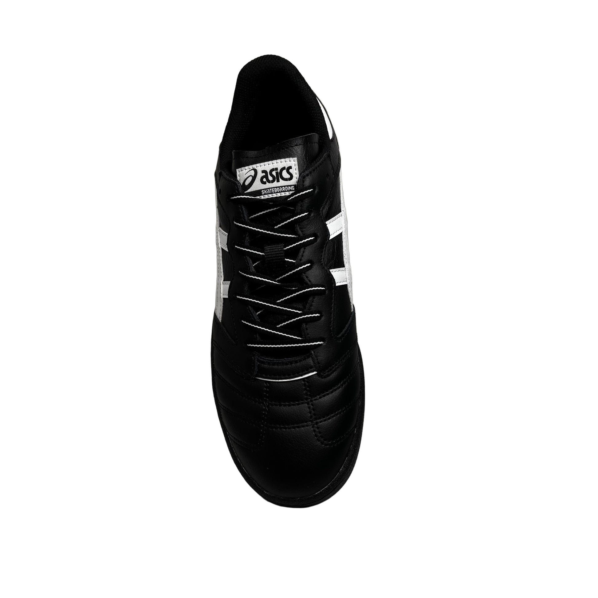 Black Asics soccer style skate shoe on a white background