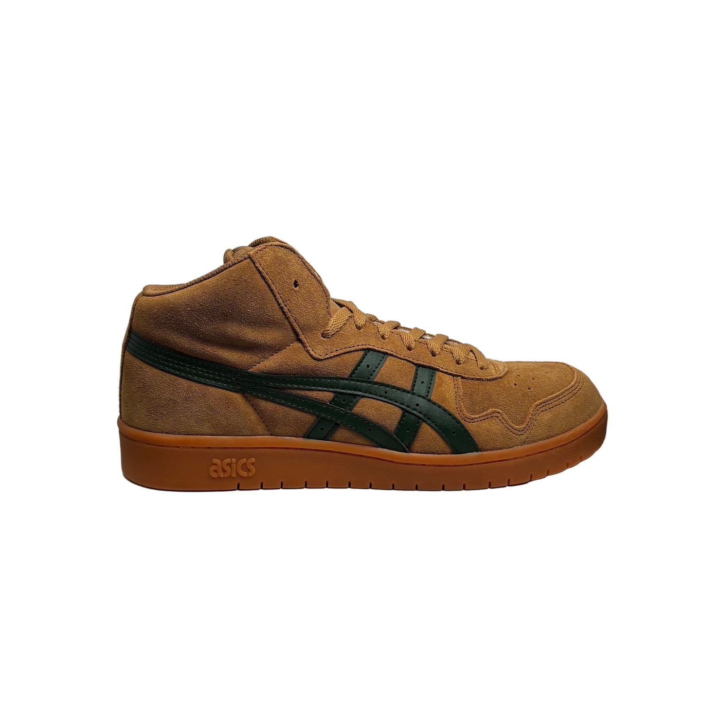 Brown sneaker with green accents on a white block against a white background