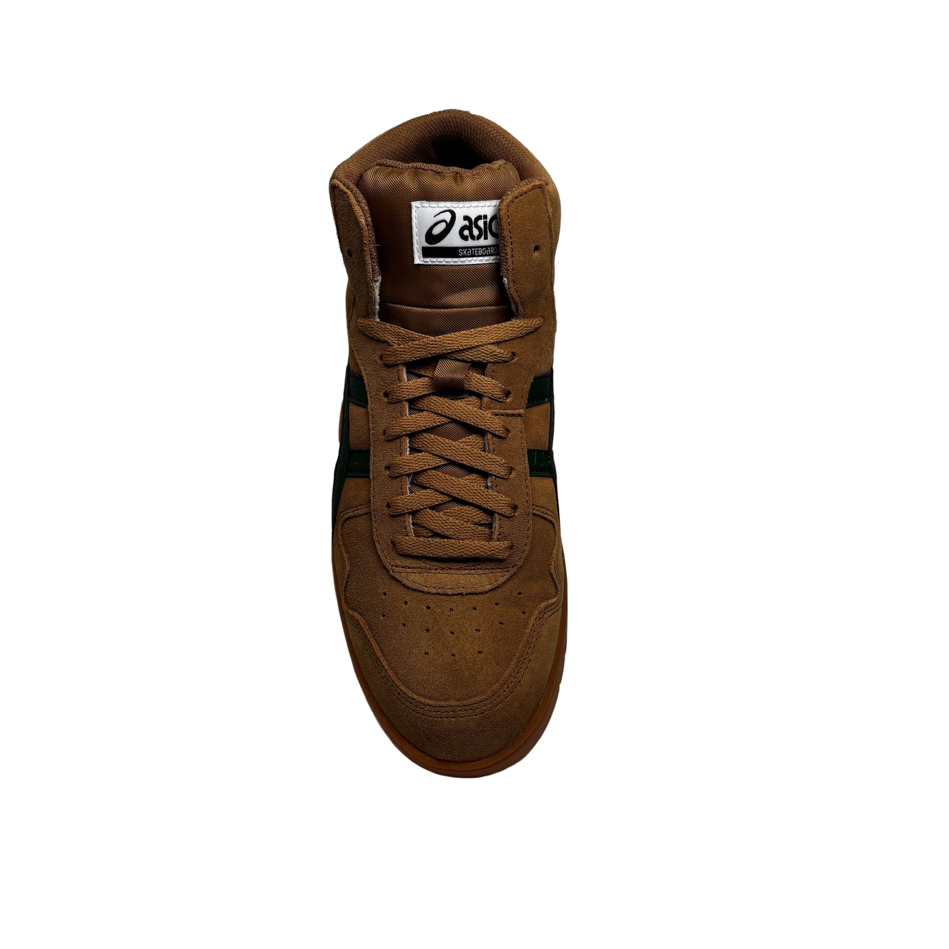 Brown sneaker with a visible brand logo on a white background