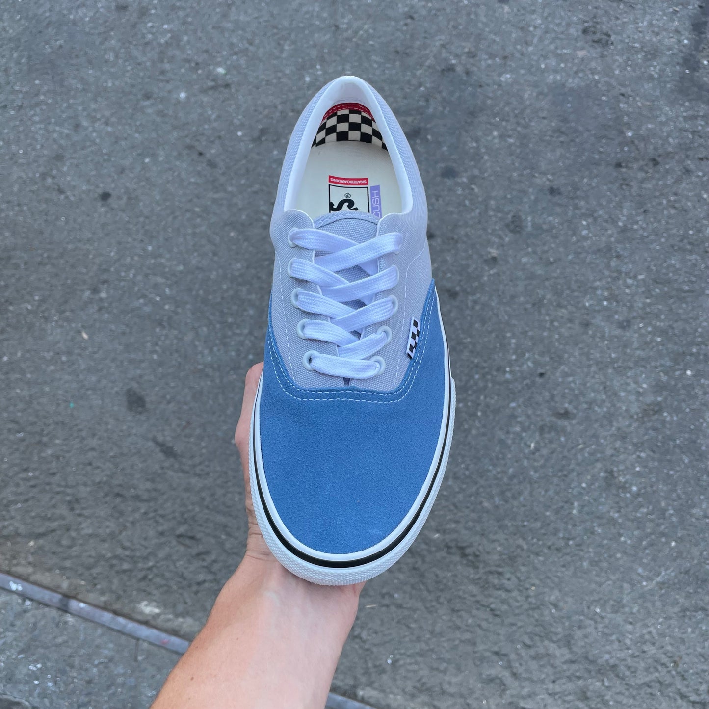 top down view of two tone blue skate shoe