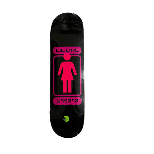 Black skateboard deck with pink graphics and text on a white surface