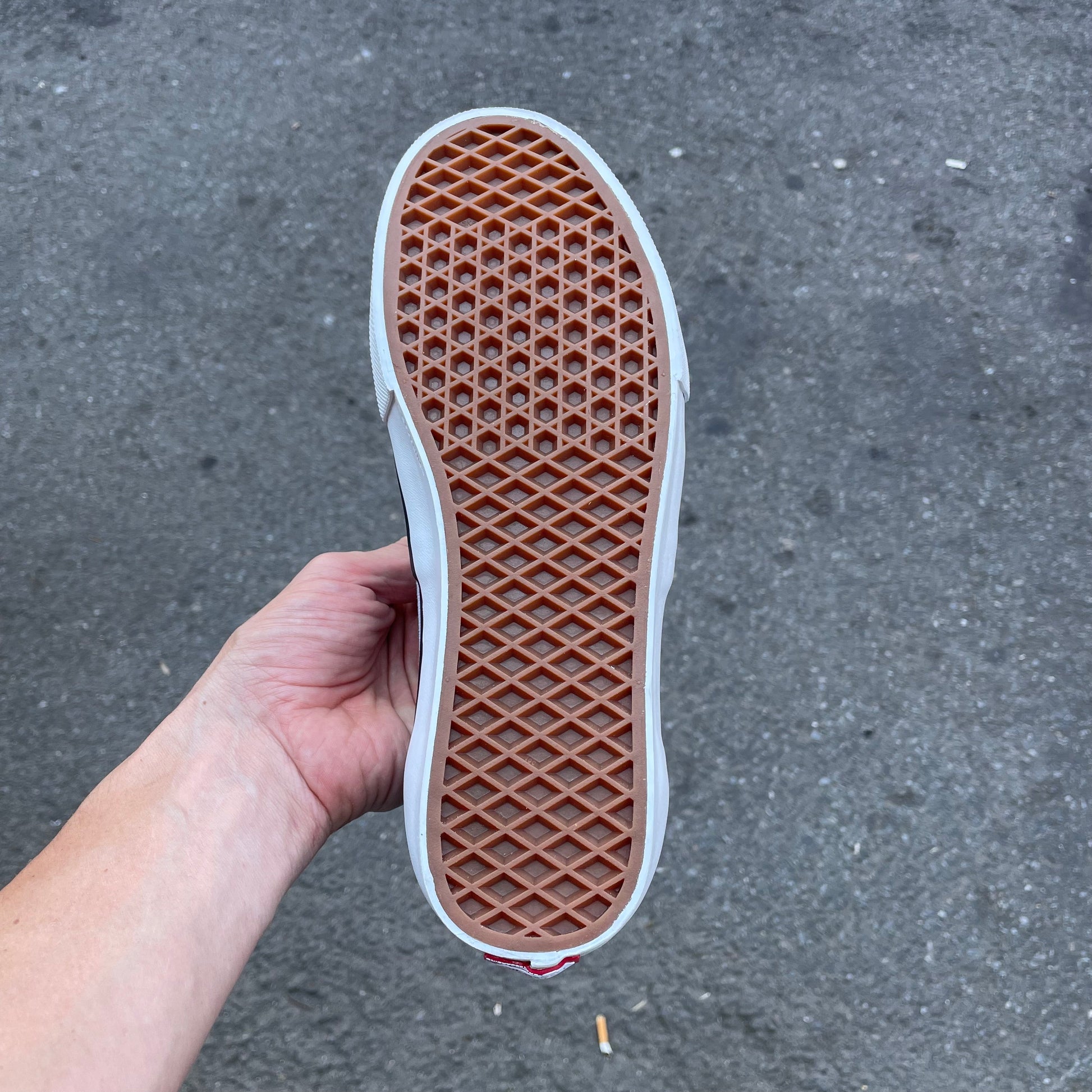 bottom view of waffle grip gum rubber sole of skate shoe