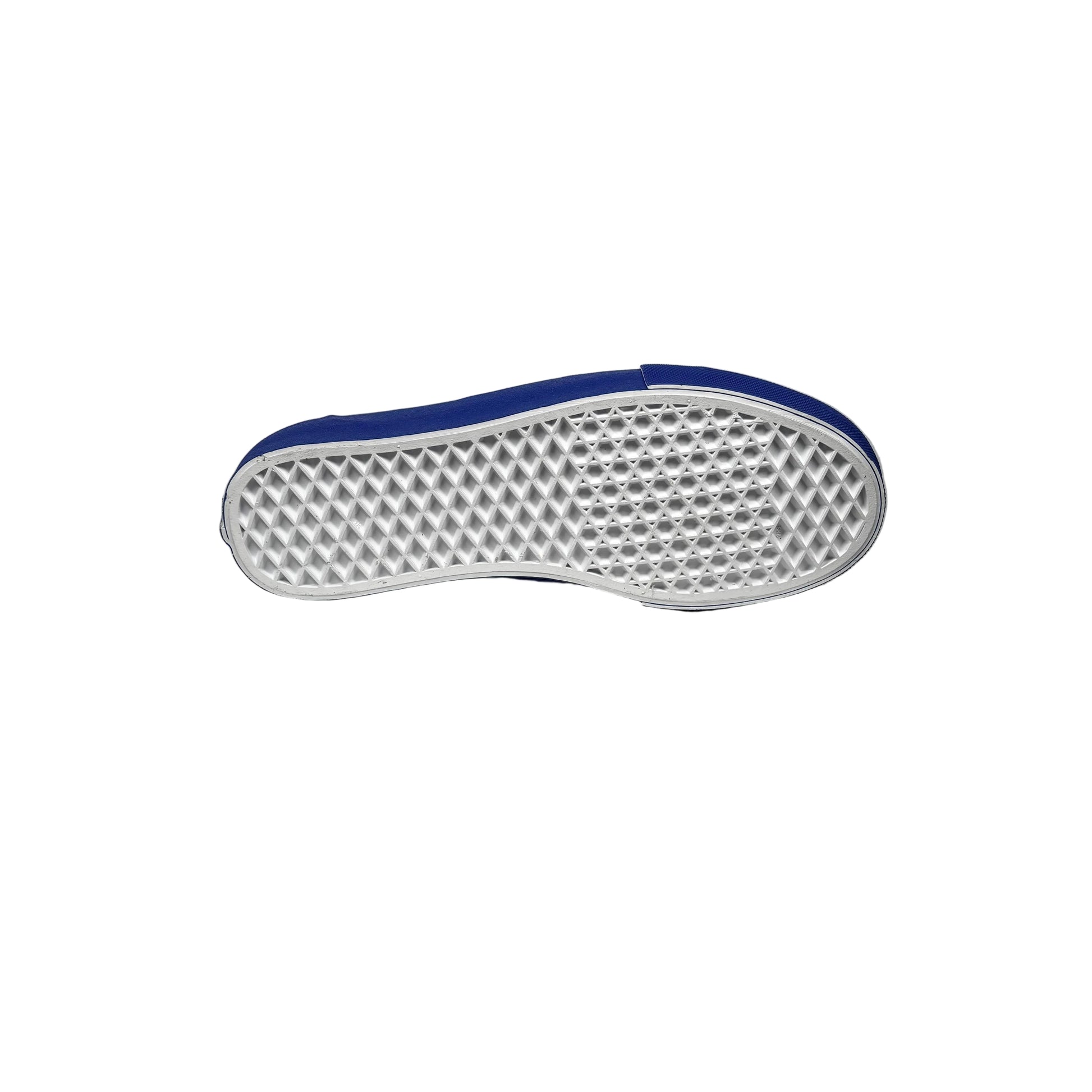 Sole of a blue and white sneaker on a white background