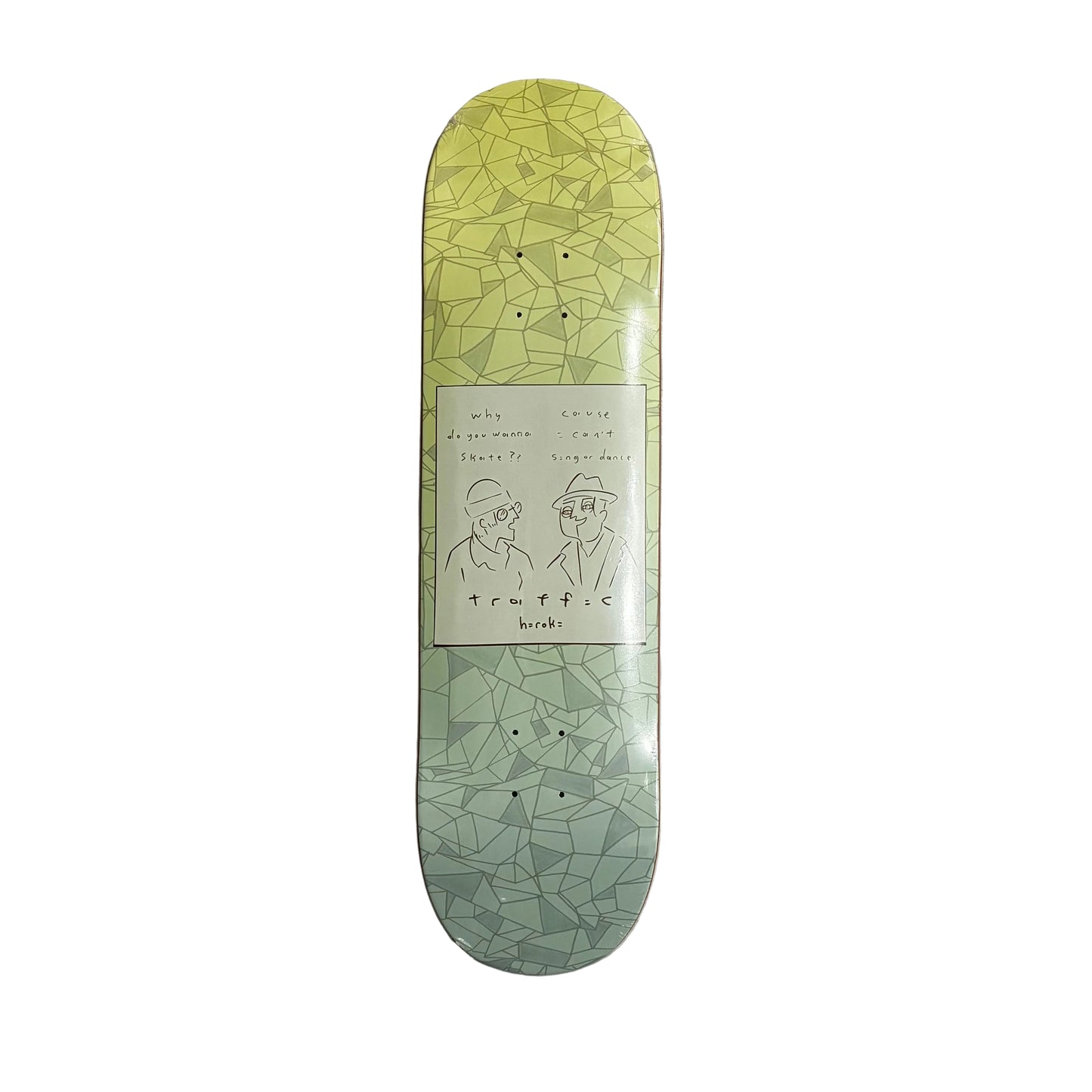 Skateboard deck with geometric design and illustrations on a white surface