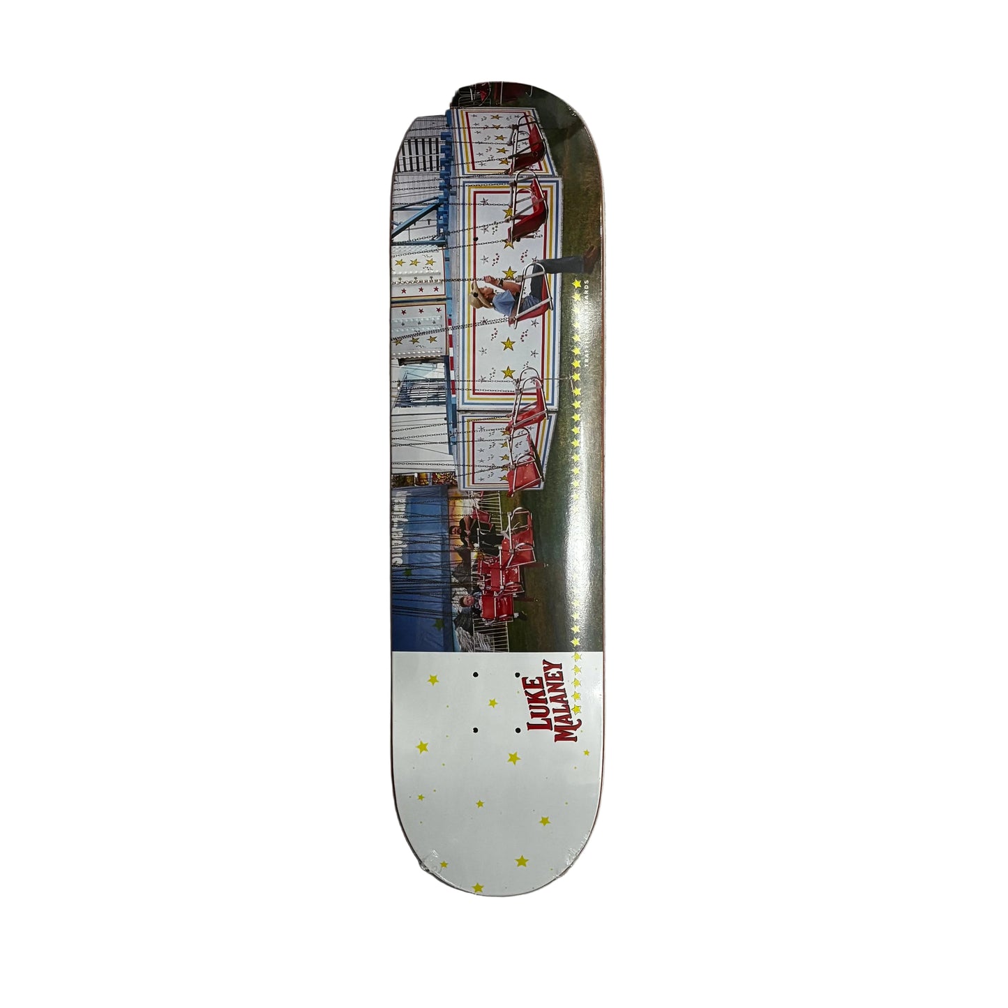 Skateboard deck with a colorful design on a white surface