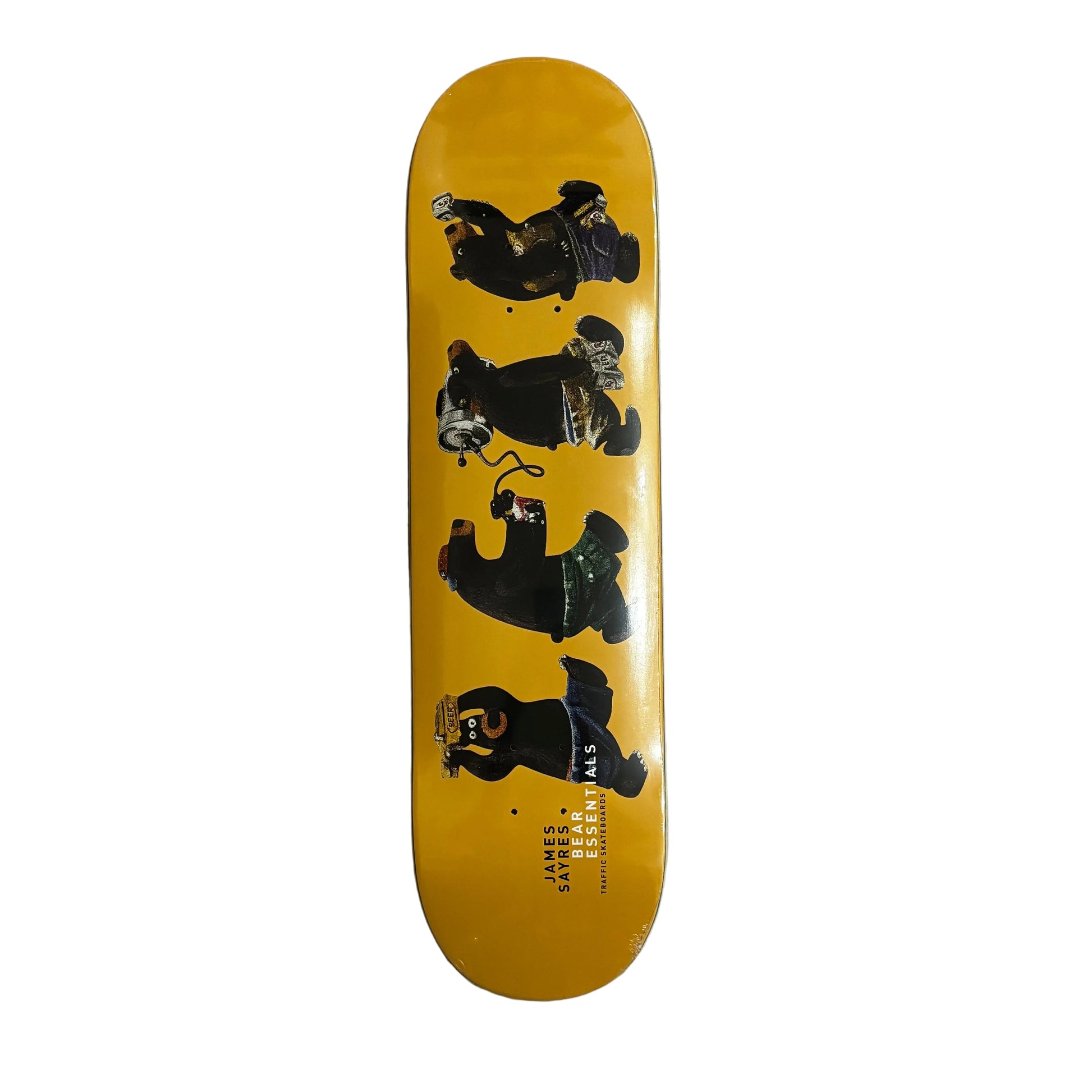 Skateboard deck with black bear design on a white surface