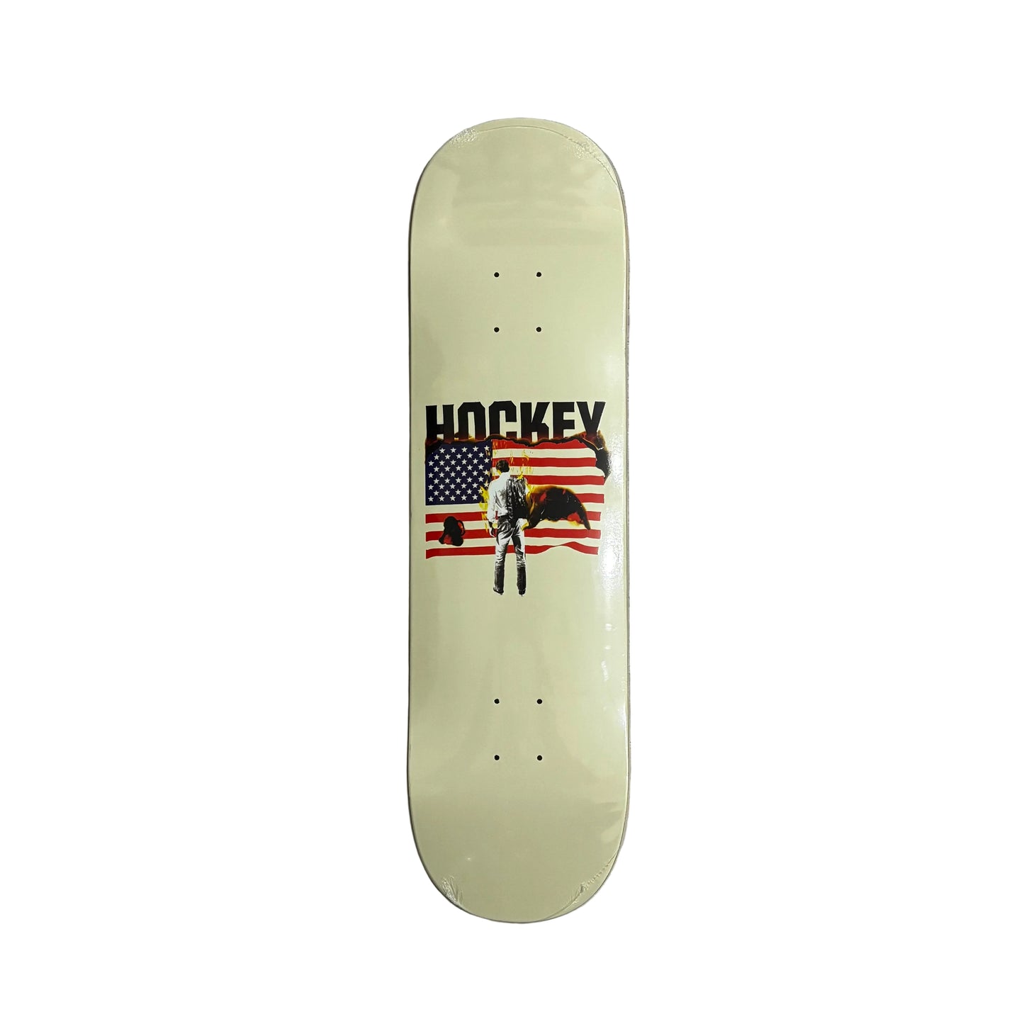 Skateboard deck with 'Hockey' and American flag design on a white surface.
