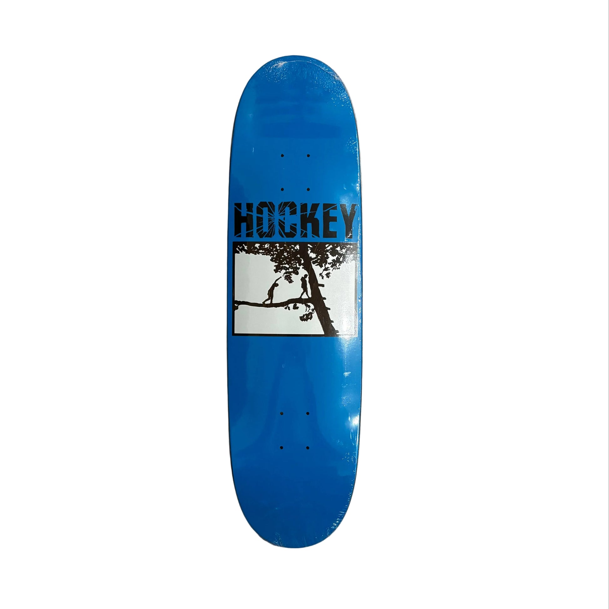 Blue skateboard deck with 'Hockey' logo on a white surface