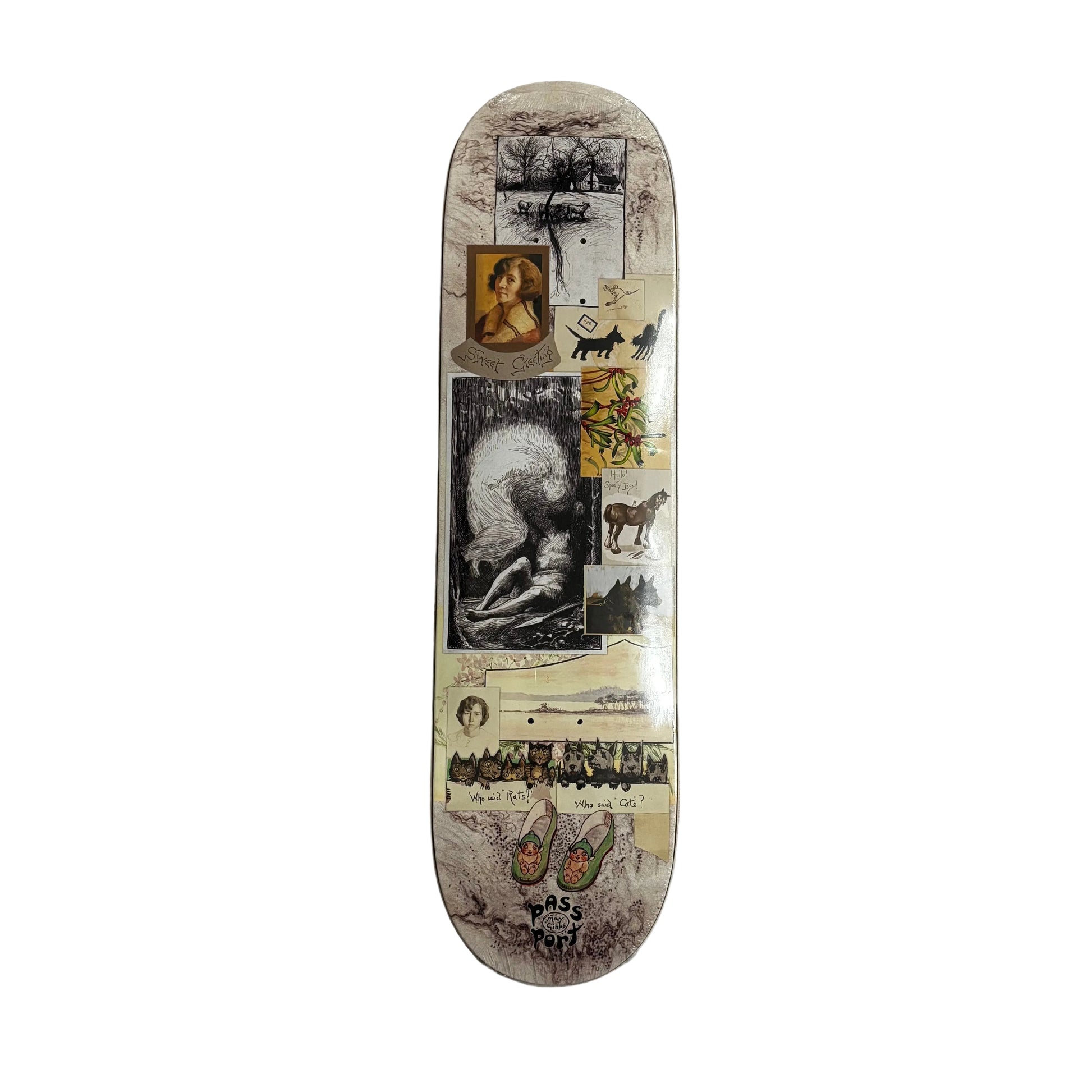 Skateboard deck with vintage-style illustrations on a white surface