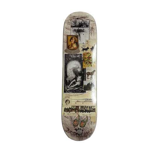 Skateboard deck with vintage-style illustrations on a white surface