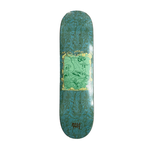 Skateboard deck with a green and blue design on a white surface