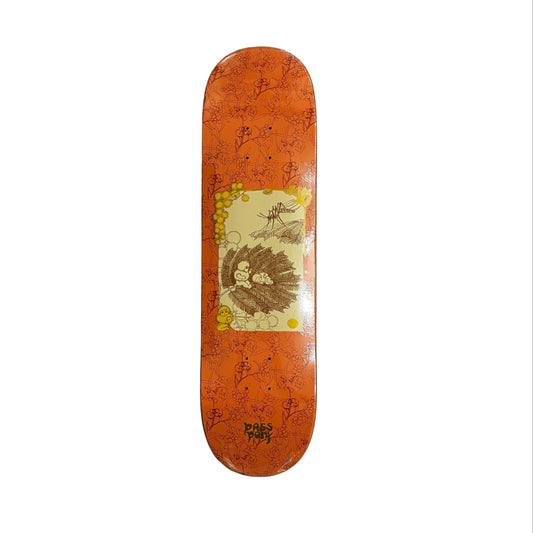 Skateboard deck with a hedgehog graphic on a white surface