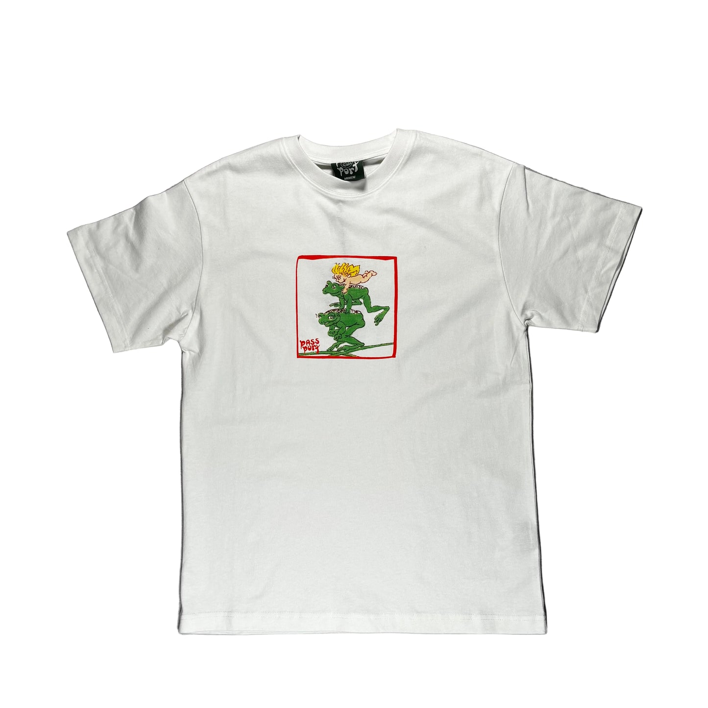 White t-shirt with a graphic design on a white surface