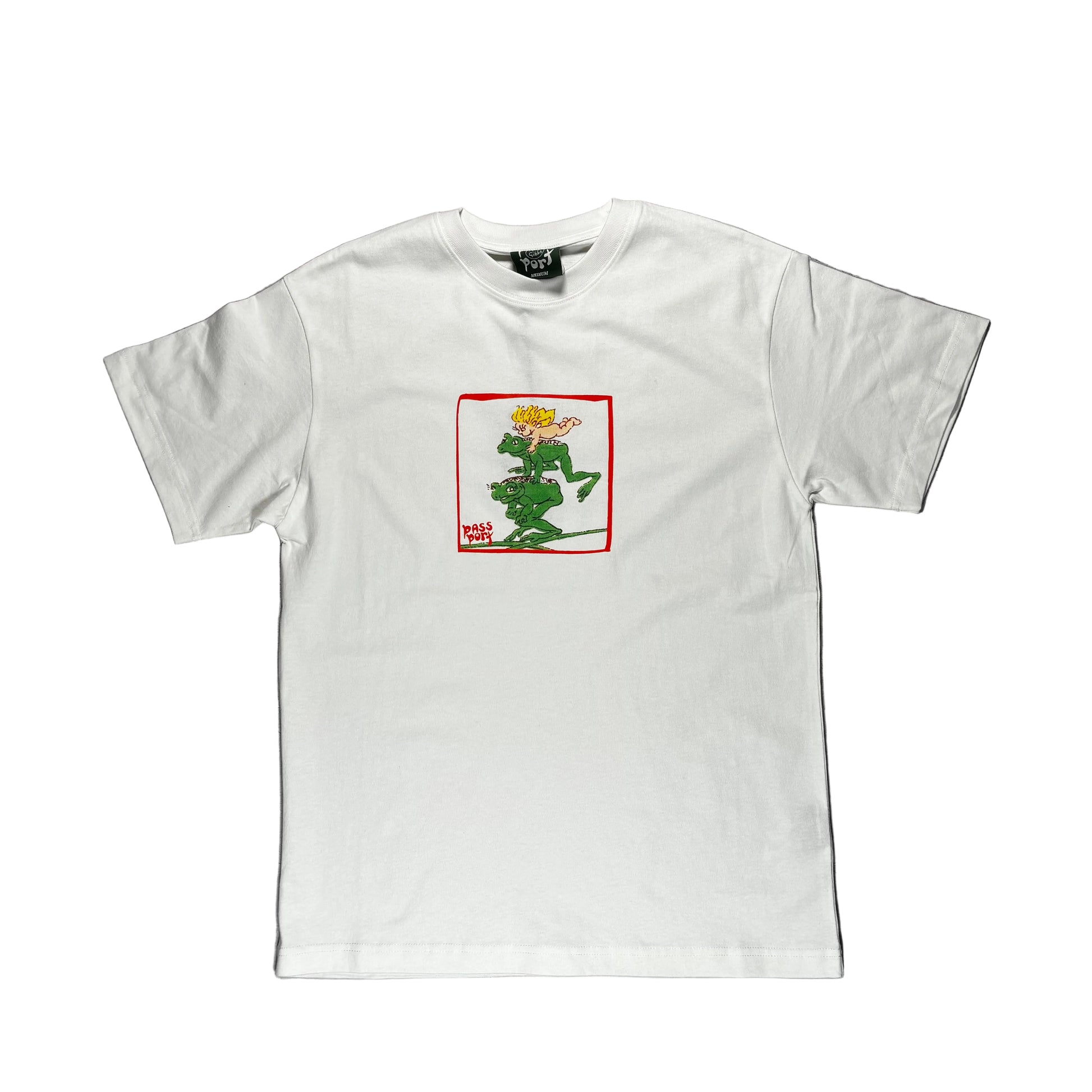 White t-shirt with a graphic design on a white surface