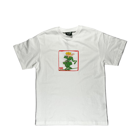 White t-shirt with a graphic design on a white surface