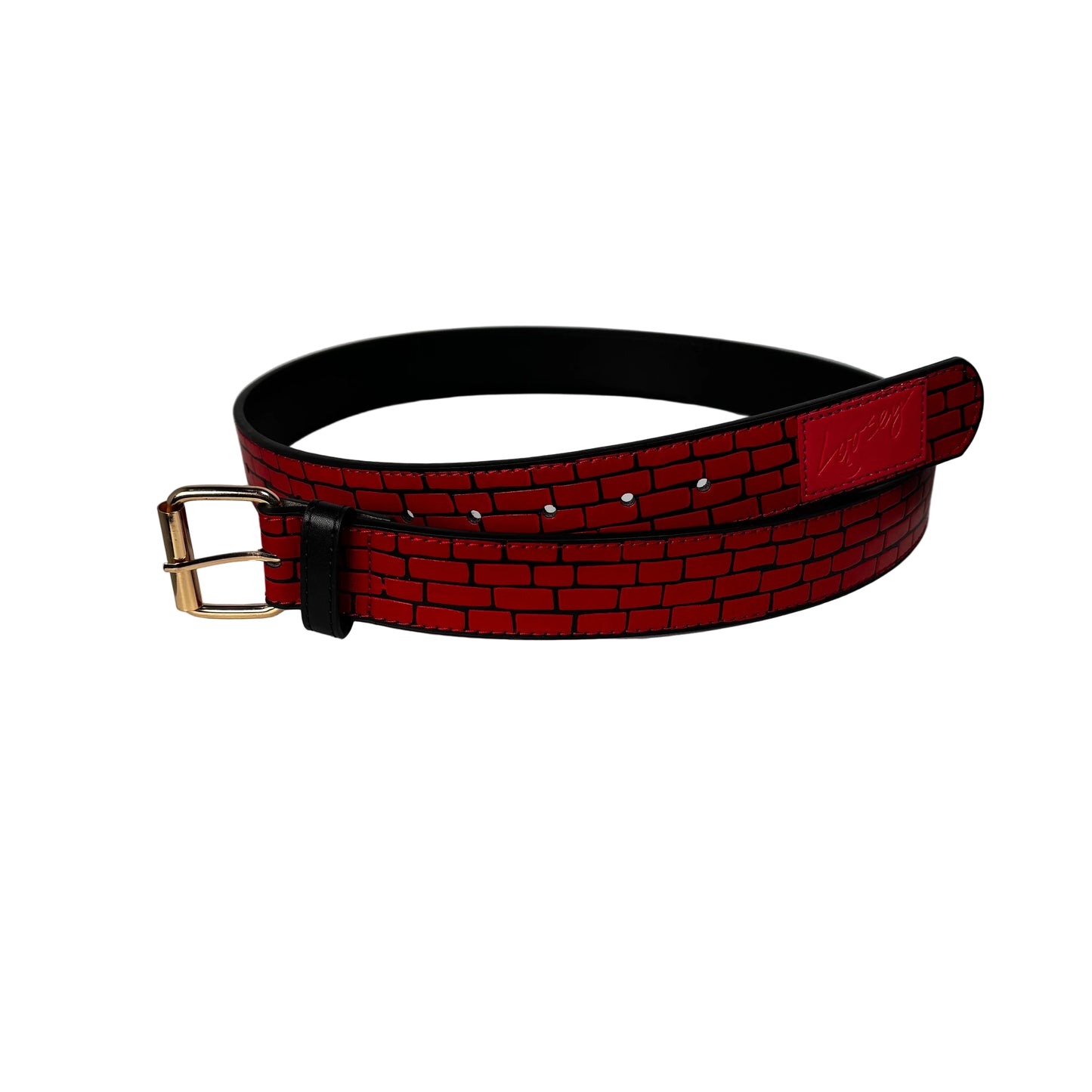 Red brick-patterned belt with a gold buckle on a white background
