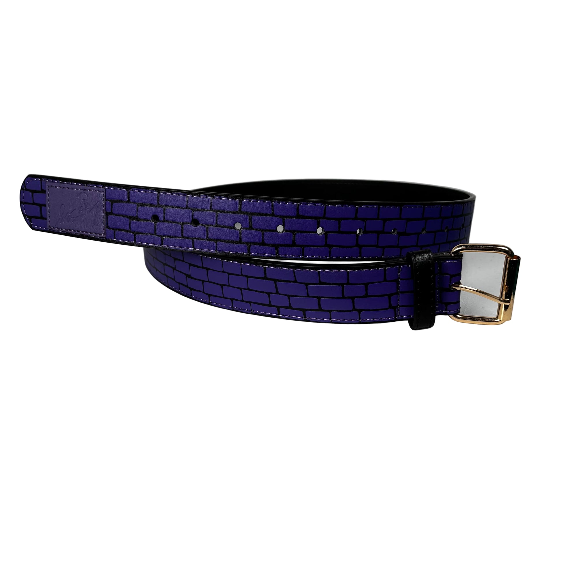 purple leather belt with gold buckle on a white  background