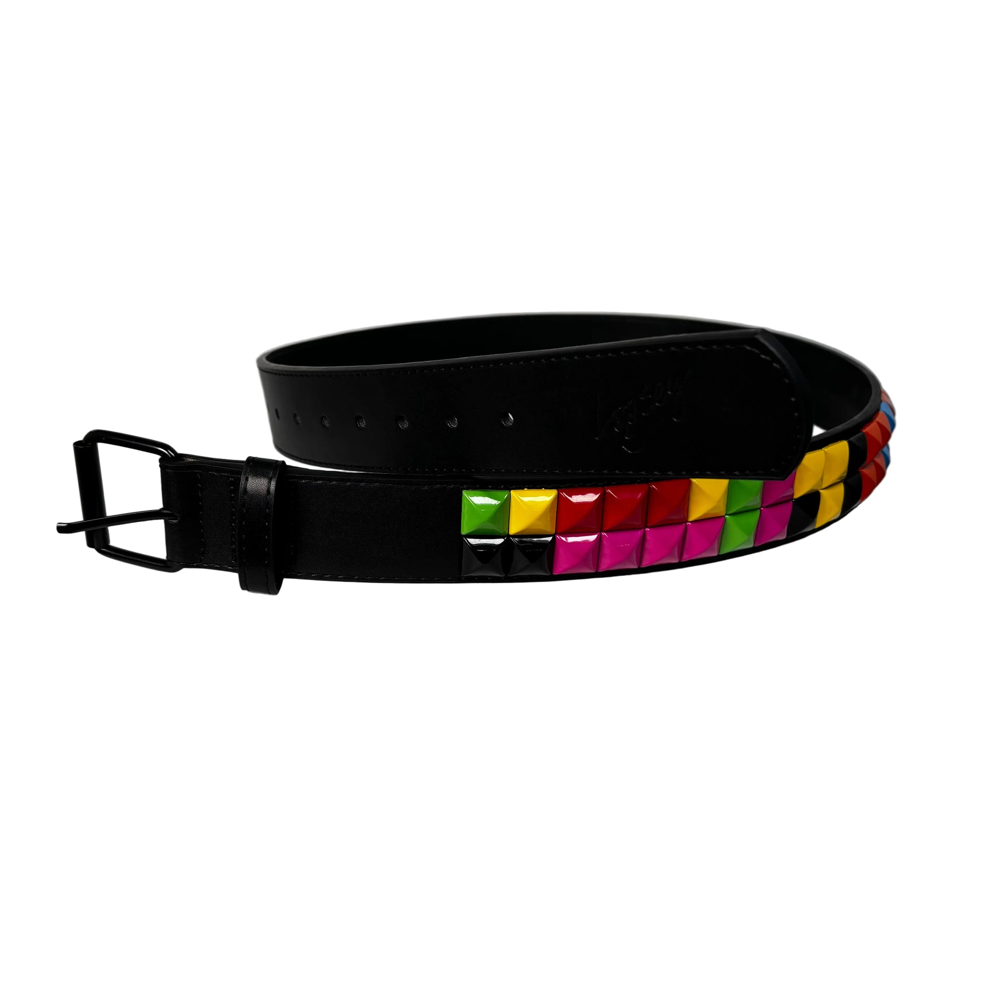 Black belt with colorful stud embellishments on a white background