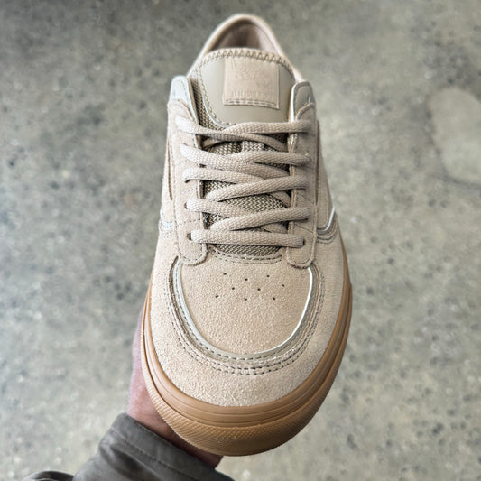 top down view of suede skate shoe with laces and gum rubber sole
