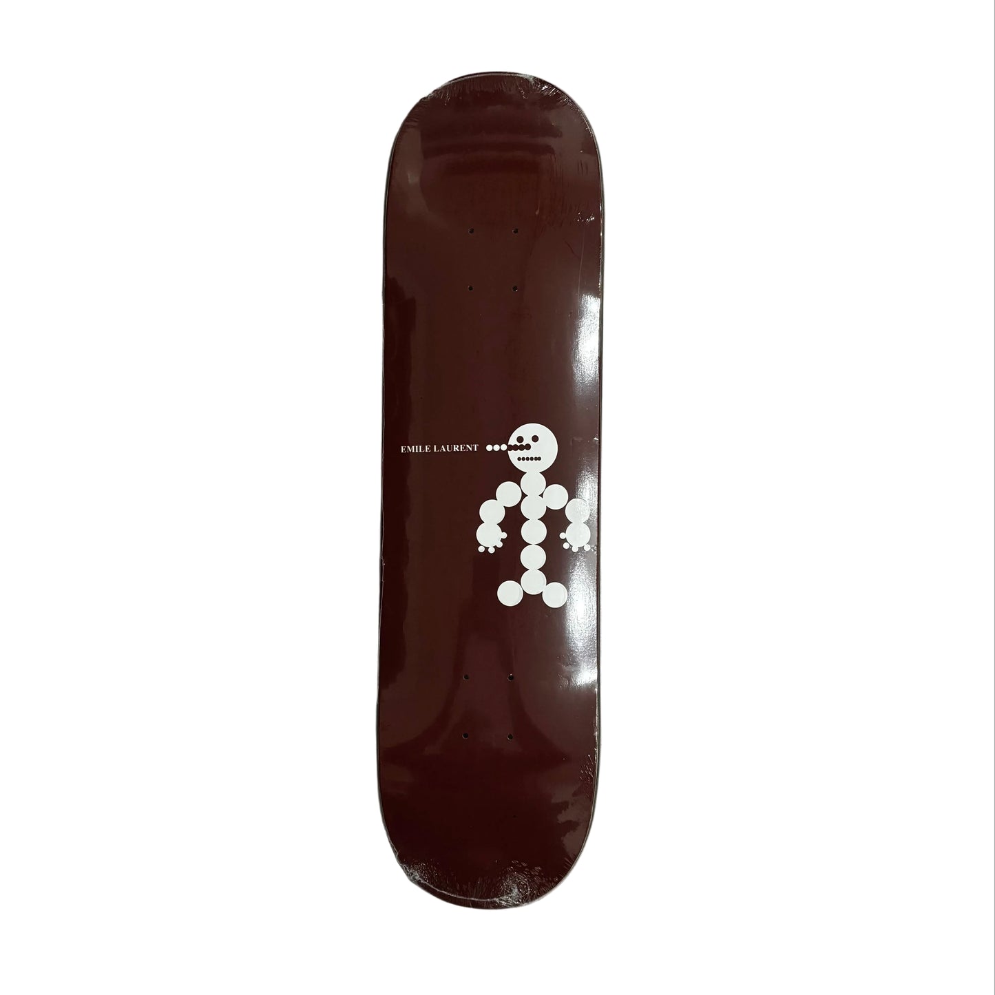 Skateboard deck with a white snowman design on a white surface