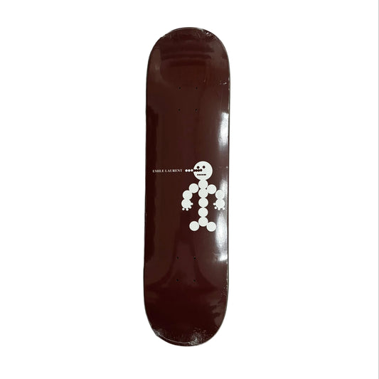 Skateboard deck with a white snowman design on a white surface