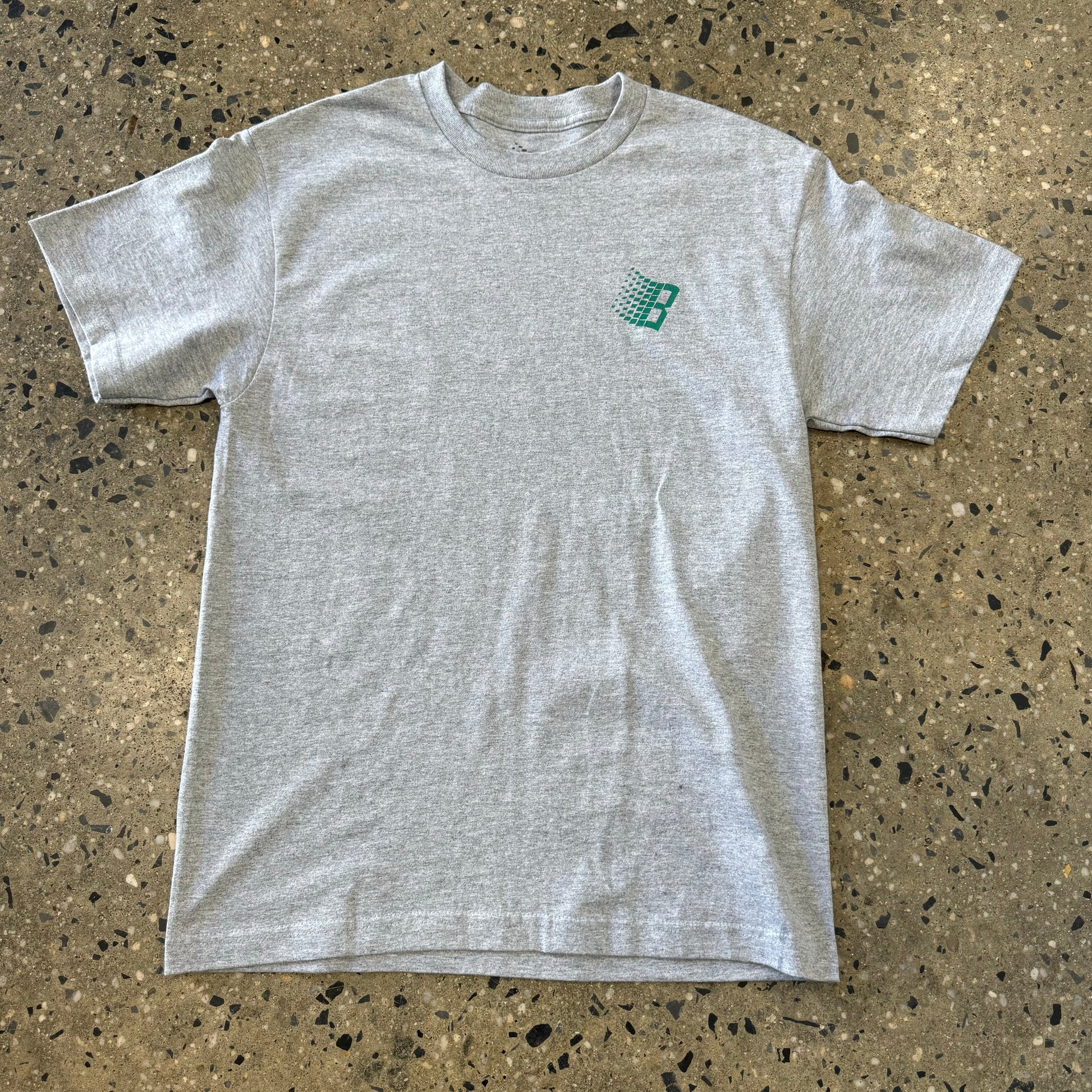 heather grey T-shirt with small green Bronze logo on front and large green logo on back