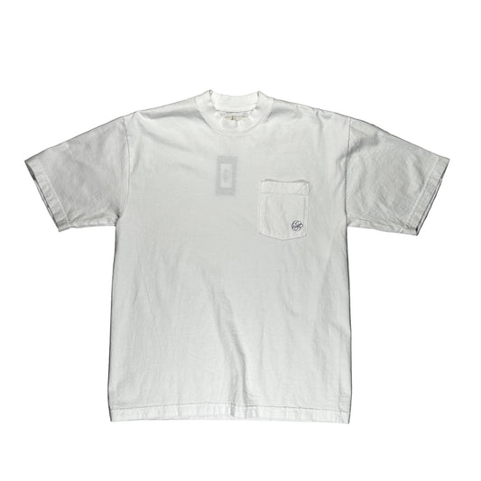 white pocket t-shirt with small graphic againist white background