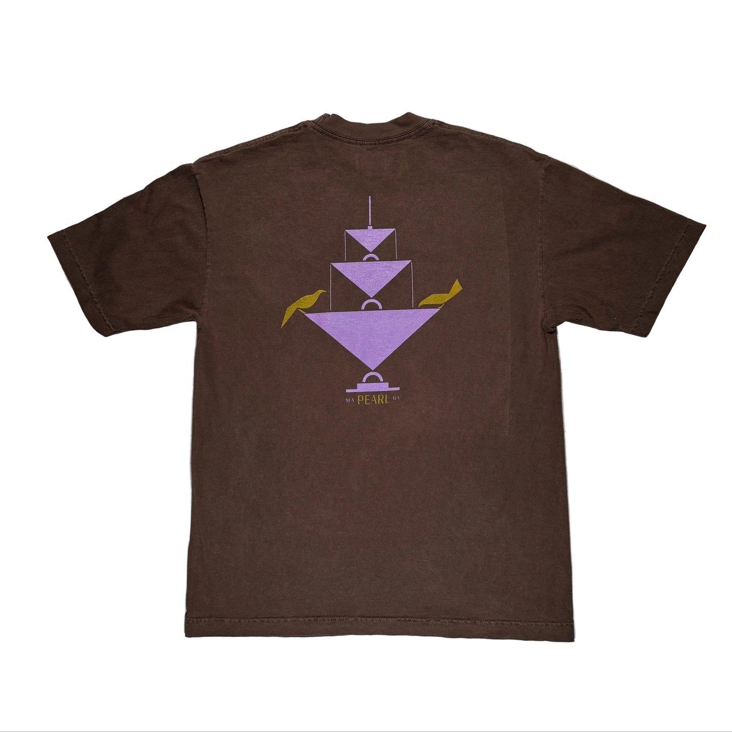 Brown t-shirt with a purple geometric design on the back, laid flat on a white surface.