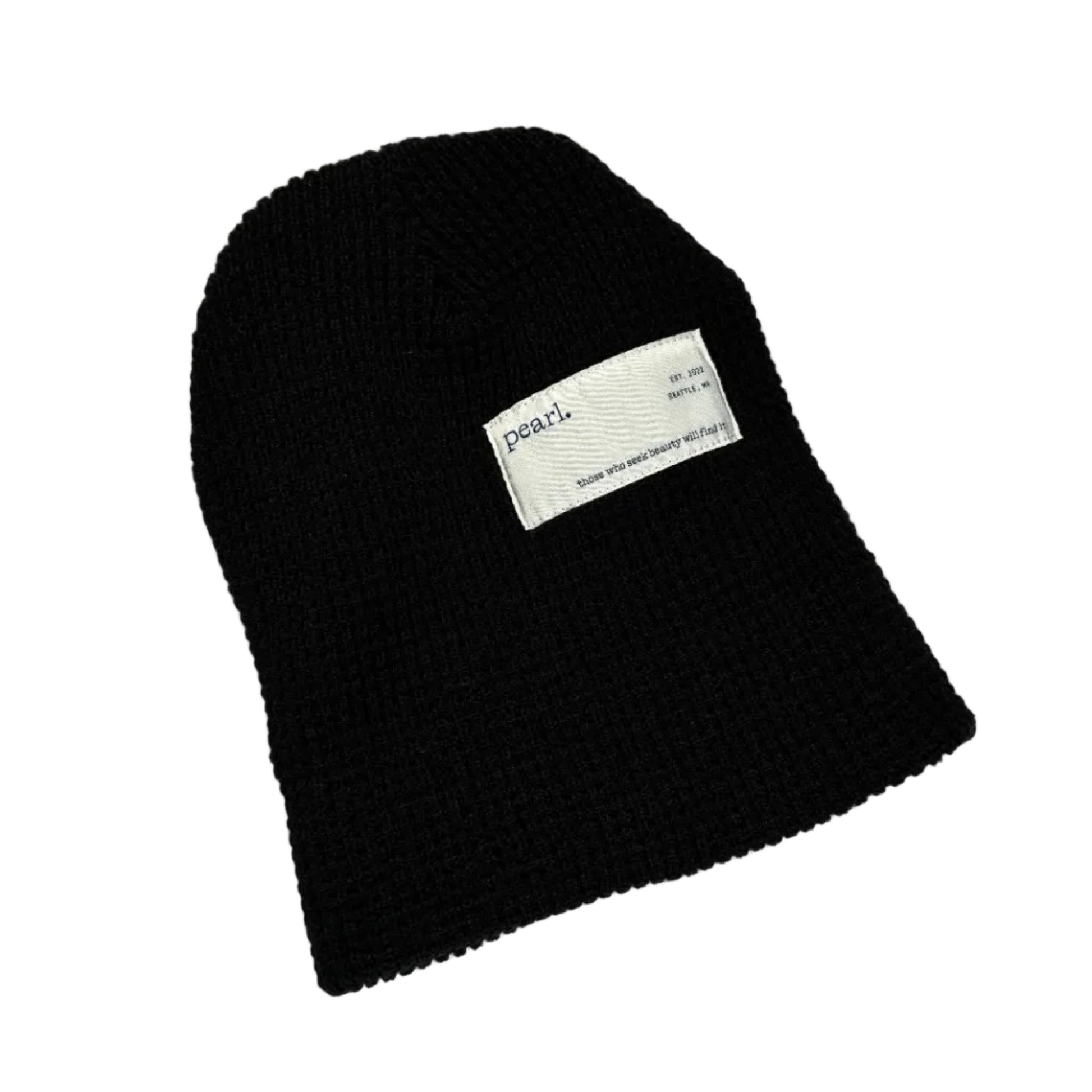 Black beanie, unfolded, with a label visible, on a white background 