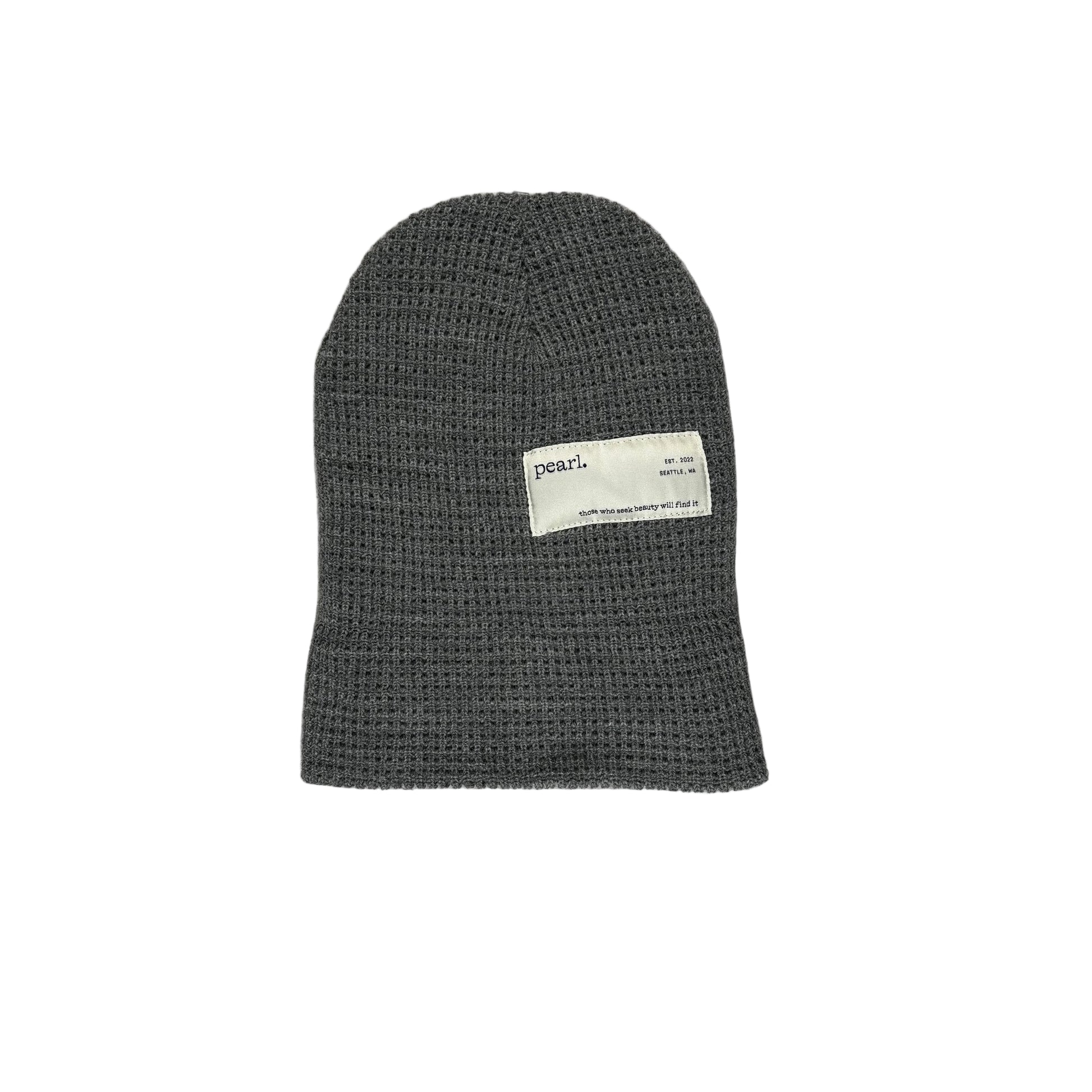 Dark gray knit beanie, unfolded, with label visible, on a white surface