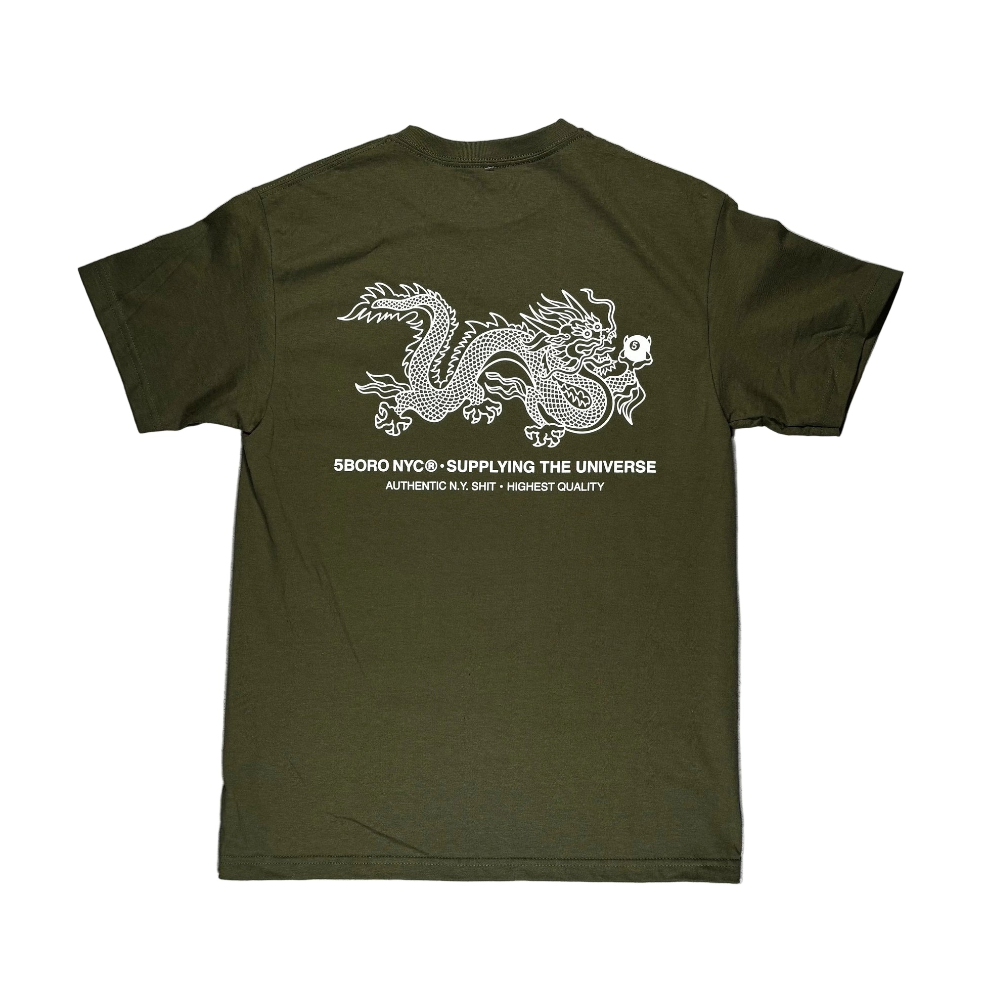 Green t-shirt with white dragon design on a white surface