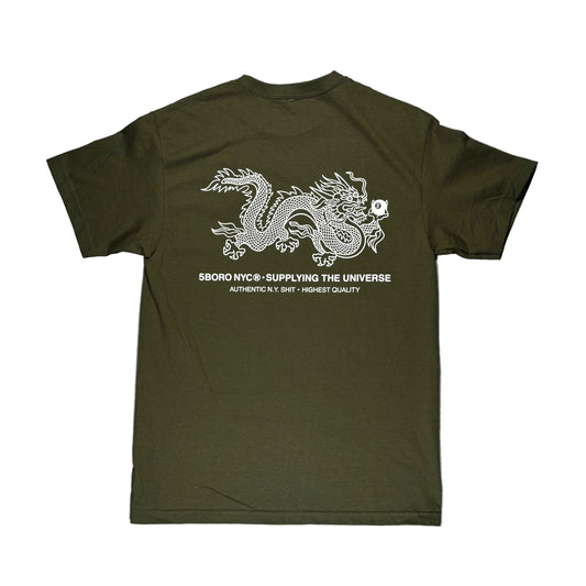 Green t-shirt with white dragon design on a white surface