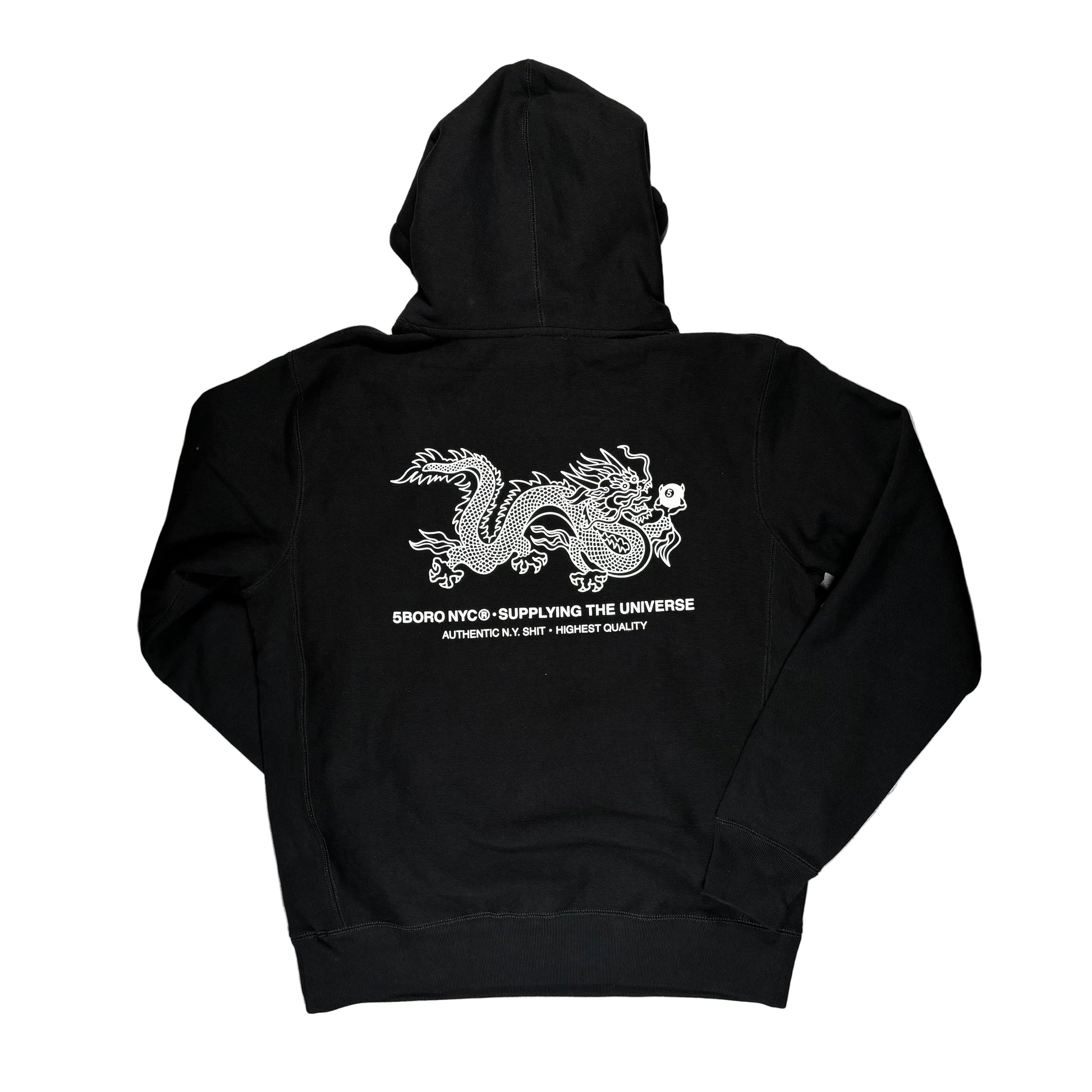 Black hoodie with white dragon design on a white surface